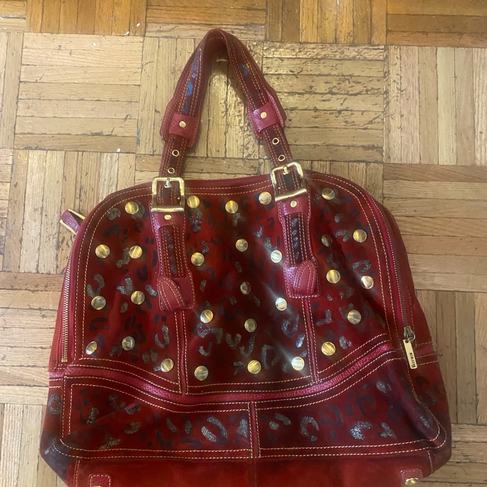 Vintage suede MaxMara real Leather, red/Burgundy Suede Gold Lining & Hardwear.
